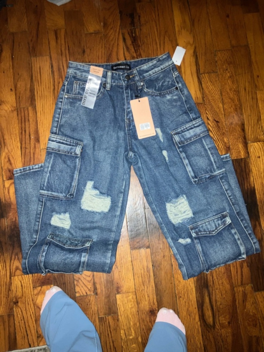 Between Us Womenβs Distressed Wide-Leg Cargo Jeans - Blue